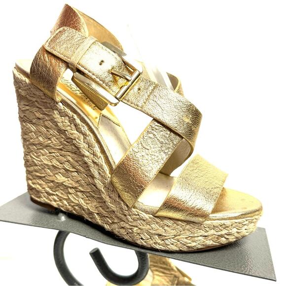 Michael Kors Espadrille Wedge Heel Sandals Metallic Gold Woven Leather Size 6 - Picture 1 of 9